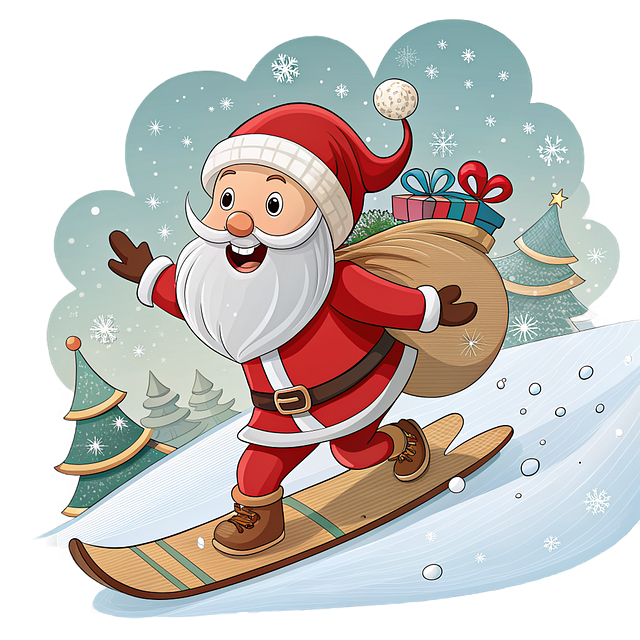 santa, christmas, snowflake, gifts, character, cartoon, winter, red, bag, snow, trees, fun, jolly, cartoon character, celebration, sledding, generous, icon, luck