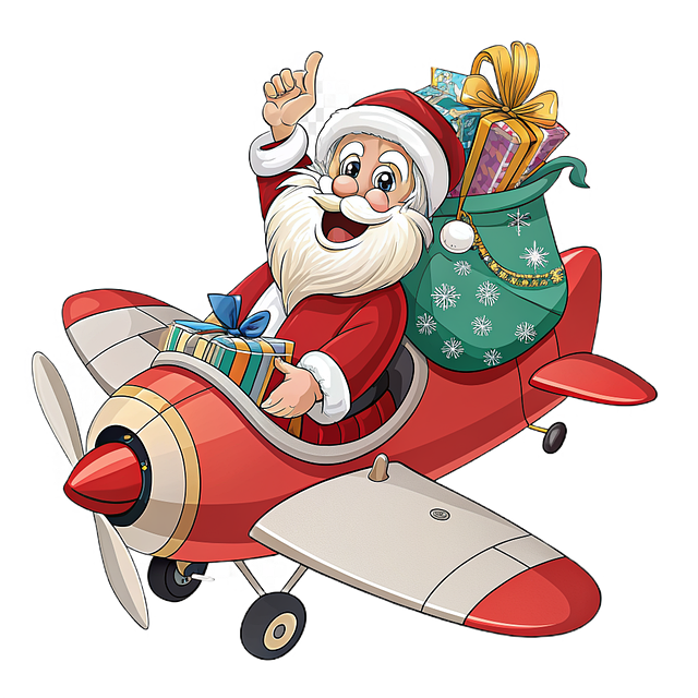 santa claus, airplane, christmas, gift, red, celebration, santa flying, toy airplane, cartoon, sack of gifts, pilot, saint nicholas, joy, december, winter, character, ho ho ho, smile, magical