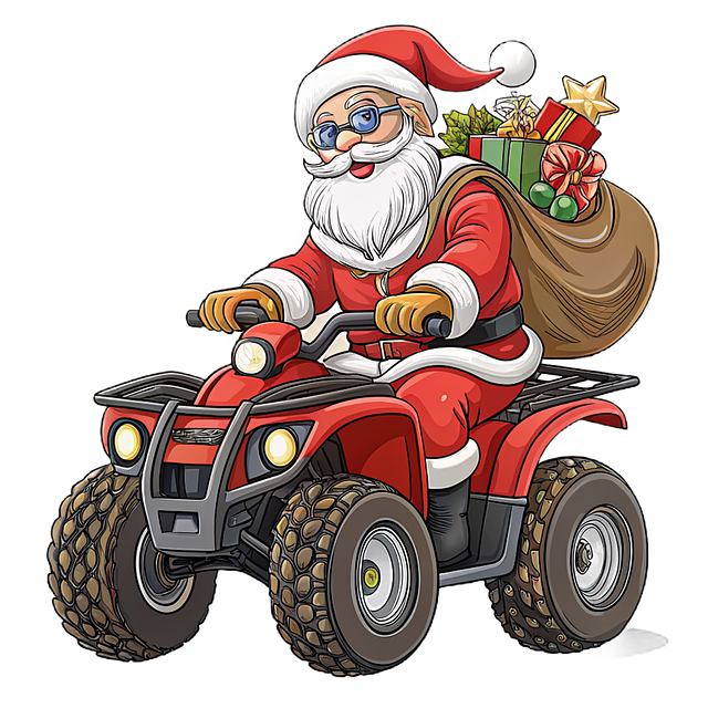 santa claus, christmas, atv, cartoon, red, gifts, winter, festive, action, decoration, celebration, laughter, joy, present, hat, beard, glasses, red suit, advent, jolly