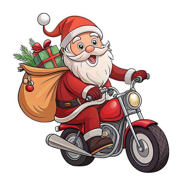 santa claus, christmas, gift, motorcycle, red, joy, person, holiday, cartoon, funny, costume, winter, character, travel, gray, smiling, playful, entertaining, cheerful