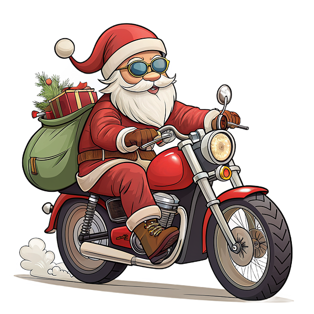 santa claus, christmas, motorcycle, gifts, festive, cartoon, december, biking, fun, humor, person, suit, red, glasses, season, sadness, entertainment, person with glasses, snowman battle, winter season