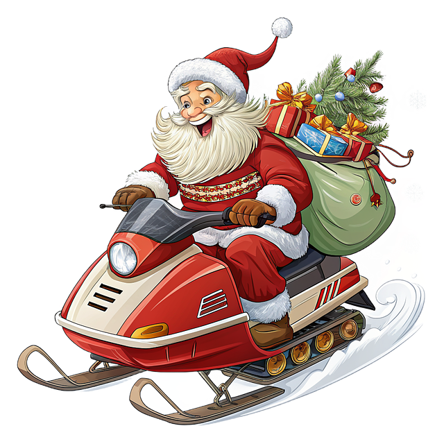 santa claus, christmas, snowmobile, red color, gifts, winter, snow, cartoon, scarf, hat, scarf and hat, christmas tree, ride, fun, celebration, merry, winter and snow, holiday, sled, adrenaline