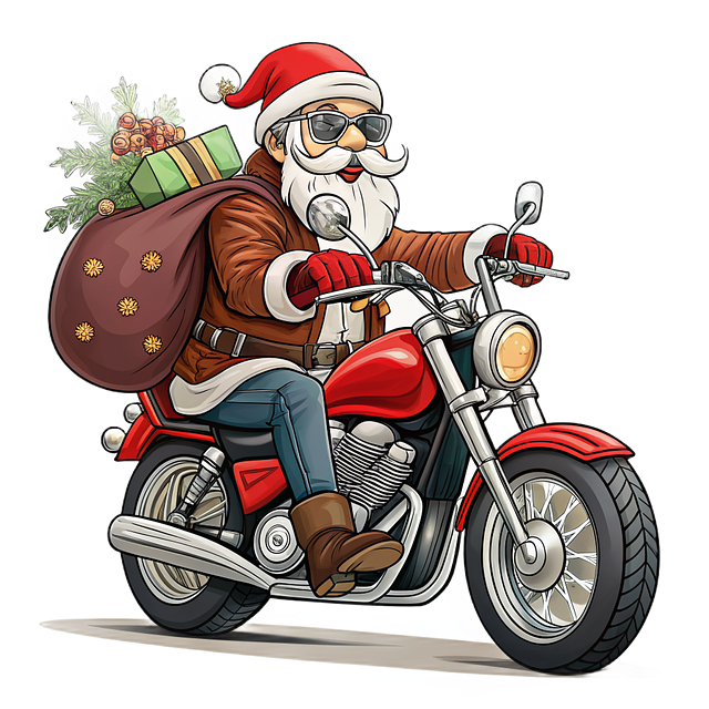 santa, motorcycle, christmas, gifts, christmas tree, sled gloves, road, red, cartoon, glasses, leather jacket, beard, winter, conifer, motorcycle ride, cap, christmas spirit, stripe hat, winter ride